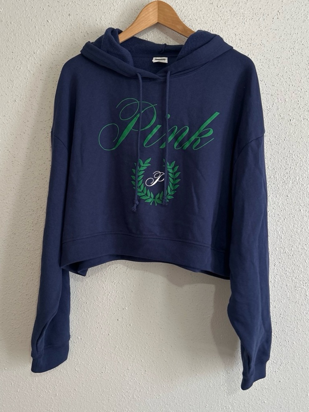 PINK Victoria's Secret Navy Cropped Hoodie with Green Logo